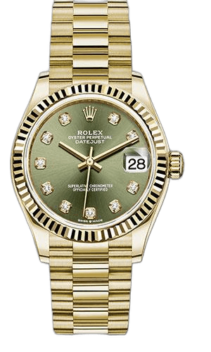 Rolex Datejust 31 Yellow Gold — Olive Green Diamond Dial with Fluted Bezel | Ref. 278278