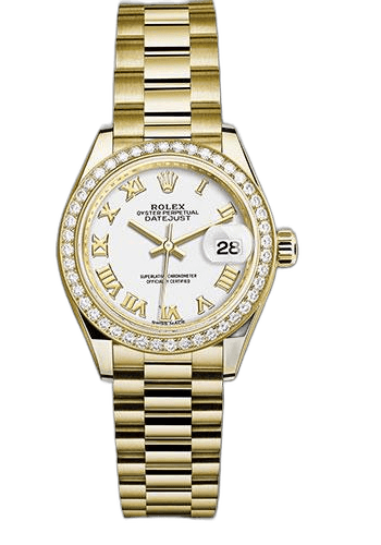 Rolex Lady-Datejust 28 Yellow Gold — White Roman Dial, 44-Diamond Bezel | Ref. 279138RBR