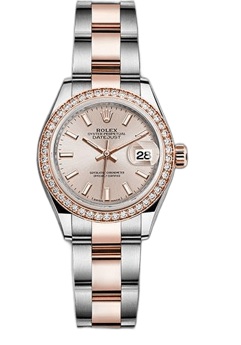 Rolex Lady-Datejust 28 Everose Rolesor — Sundust Index Dial, Diamond Bezel | Ref. 279381RBR