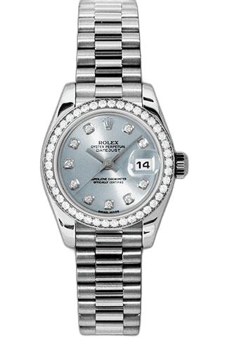 Rolex Datejust 26 Platinum — Ice Blue Diamond Dial with 42-Diamond Bezel | Ref. 179136