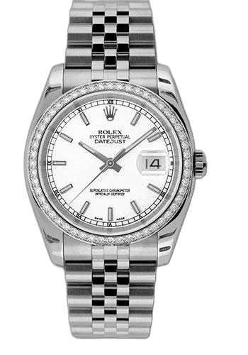 Rolex Datejust 36 White Rolesor — 52 Diamond Bezel White Index Dial | Ref. 116244
