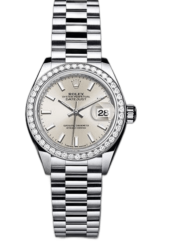 Rolex Lady-Datejust 28 Platinum — Silver Index Dial with 44-Diamond Bezel | Ref. 279136RBR