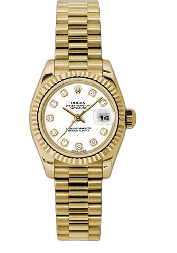 Rolex Datejust 26 Yellow Gold — White Diamond Dial, Fluted Bezel | Ref. 179178