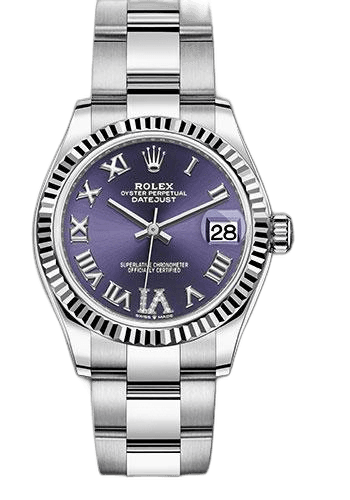 Rolex Datejust 31 White Rolesor — Aubergine Roman Diamond Dial, Fluted Bezel