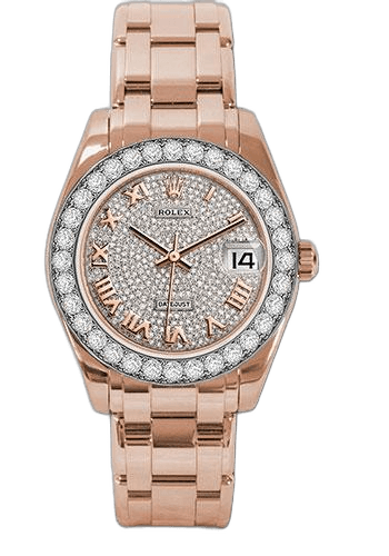Rolex Datejust Pearlmaster Gold — 32 Diamond Bezel Diamond Paved Roman Dial | Ref. 81285