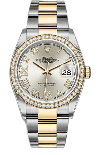 Rolex Datejust 36 Yellow Rolesor — Silver Roman Diamond Bezel Dial