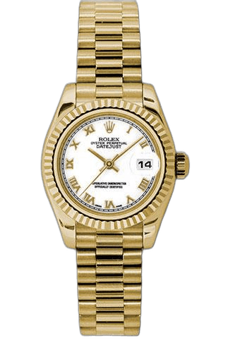 Rolex Lady-Datejust Yellow Gold — White Roman Dial Fluted Bezel | Ref. 179178