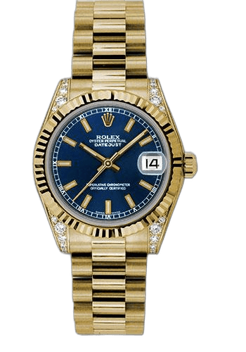 Rolex Datejust 31 Yellow Gold — Blue Index Dial, Fluted Bezel | Ref. 178238