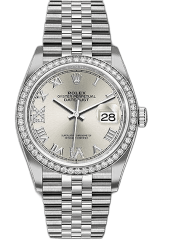 Rolex Datejust 36 Steel — Diamond Bezel Silver Diamond Roman VI and IX Dial