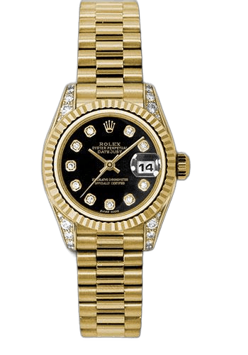Rolex Datejust 26 Yellow Gold — Black Diamond Dial, Fluted Bezel | Ref. 179238