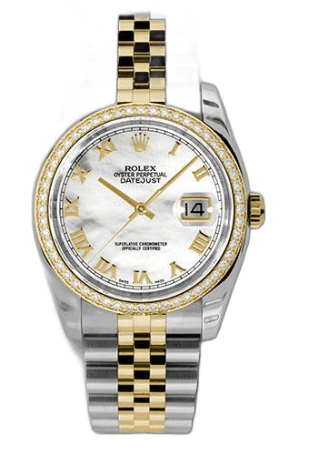Rolex Datejust 36 Yellow Rolesor — Mother-of-Pearl Roman Diamond Bezel | Ref. 116243