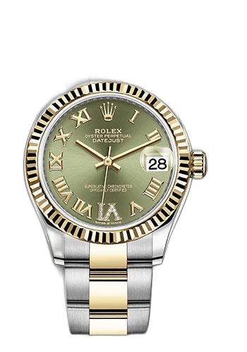 Rolex Datejust 31 Yellow Rolesor — Olive Green Diamond Roman Dial, Fluted Bezel