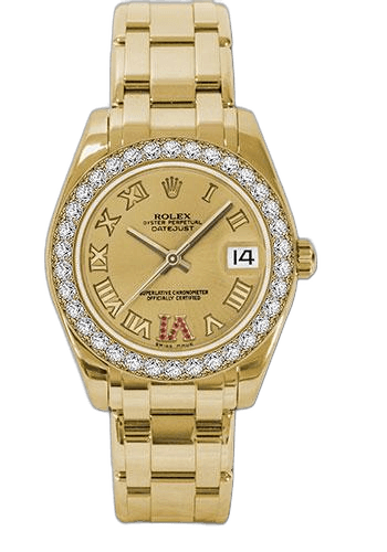 Rolex Datejust Pearlmaster 34 Yellow Gold — Champagne Ruby Roman VI Dial | Ref. 81298
