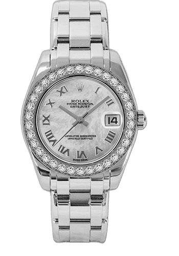 Rolex Datejust White Gold — White Mother-of-Pearl Roman Dial, 34-Diamond Bezel | Ref. 81299