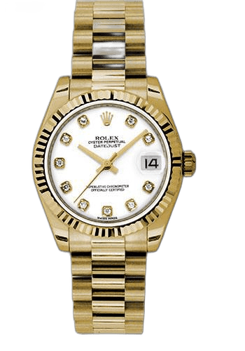 Rolex Datejust 31 Yellow Gold — White Diamond Dial, Fluted Bezel | Ref. 178278