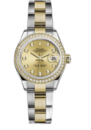 Rolex Lady-Datejust 28 Yellow Rolesor — Diamond Bezel Champagne Diamond Dial | Ref. 279383RBR