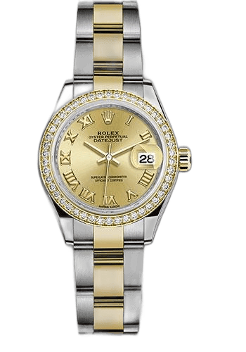 Rolex Lady-Datejust 28 Yellow Rolesor — Champagne Roman Dial, Diamond Bezel | Ref. 279383RBR