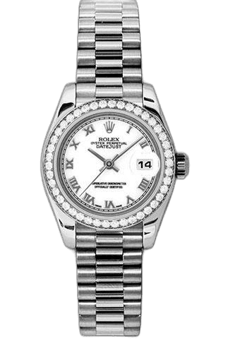 Rolex Datejust 26 Platinum — White Roman Dial, 42-Diamond Bezel | Ref. 179136
