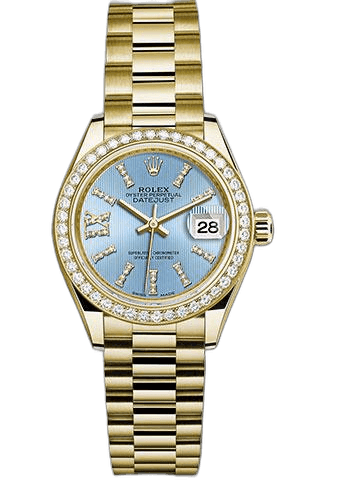 Rolex Datejust Yellow Gold Lady-Datejust 28 Watch - 44 Diamond Bezel - Cornflower Blue Stripe Diamond Index Dial - President Bracelet - 279138RBR cbls36dix8dp 28mm 44 Diamond Bezel Cornflower Blue Stripe Diamond Index Dial