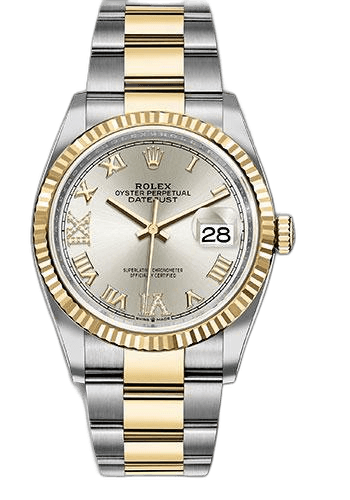 Rolex Datejust 36 Yellow Rolesor — Silver Roman Dial with Fluted Bezel