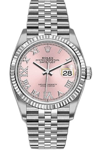 Rolex Datejust 36 Steel — Pink Diamond Roman VI and IX Dial | Fluted Bezel