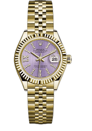 Rolex Datejust Yellow Gold — Lilac Stripe Diamond Index Fluted Bezel Dial | 28 mm