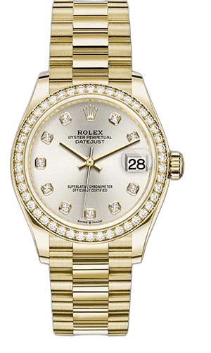 Rolex Datejust 31 Yellow Gold — Silver Diamond Dial, Diamond Bezel | Ref. 278288RBR