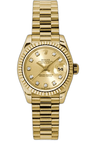 Rolex Lady-Datejust 26 Yellow Gold — Champagne Diamond Dial, Fluted Bezel | Ref. 179178