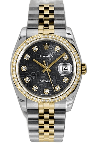 Rolex Datejust 36 Yellow Rolesor — Cut Diamond Bezel Black Jubilee Diamond Dial | Ref. 116243
