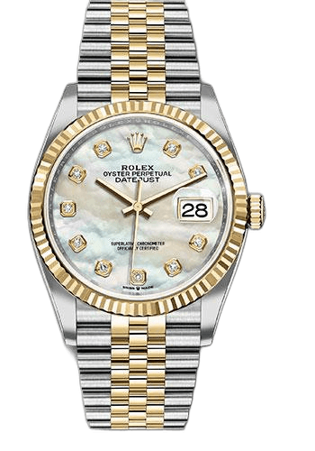 Rolex Datejust 36 Yellow Rolesor — White Mother-of-Pearl Diamond Dial, Fluted Bezel | Ref. 126233