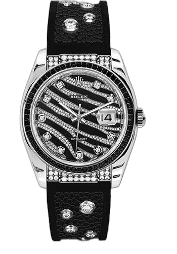 Rolex Datejust 36 White Gold — Diamond Paved Dial with 60 Baguette Black Sapphire Bezel