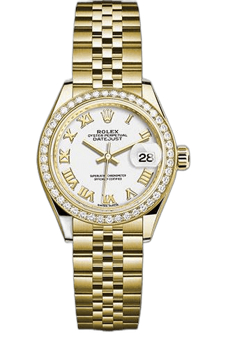 Rolex Lady-Datejust 28 Yellow Gold — White Roman Diamond-Bezel Dial | Ref. 279138RBR