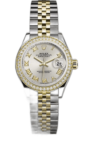 Rolex Lady-Datejust 28 Yellow Rolesor — Silver Roman Dial, Diamond Bezel | Ref. 279383RBR