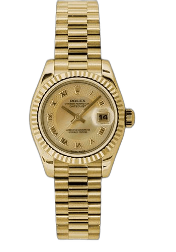 Rolex Lady-Datejust 26 Yellow Gold — Champagne Decorated Mother-of-Pearl Roman Dial with Fluted Bezel | Ref. 179178