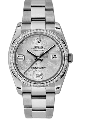 Rolex Datejust White Rolesor — Silver Floral Arabic Diamond Dial | Ref. 116244
