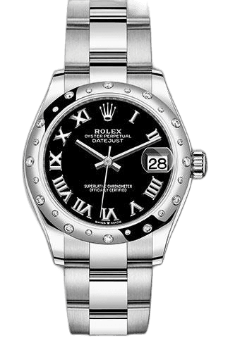 Rolex Datejust 31 White Rolesor — Domed 24-Diamond Bezel Black Roman Dial | Ref. 278344RBR