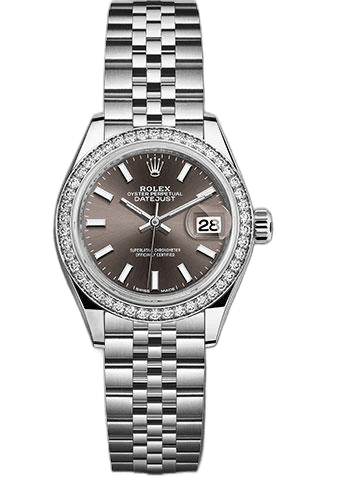 Rolex Datejust 28 White Rolesor — Dark Grey Dial with 44-Diamond Bezel & Index Markers | Ref. 279384RBR