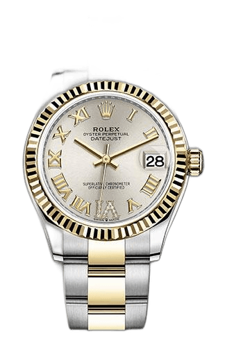 Rolex Datejust 31 Yellow Rolesor — Fluted Bezel Silver Dial with Diamond Roman Numerals
