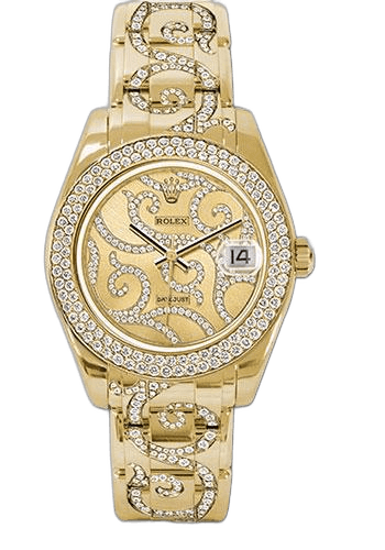 Rolex Datejust 34 Yellow Gold — 116-Diamond Bezel Champagne Arabesque Diamond Dial