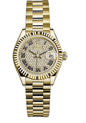 Rolex Lady-Datejust 28 Yellow Gold — Diamond Paved Roman Dial with Fluted Bezel | Ref. 279178