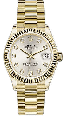 Rolex Datejust 31 Yellow Gold — Fluted Bezel Silver Diamond Dial | Ref. 278278