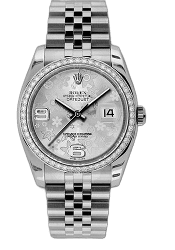 Rolex Datejust 36 White Rolesor — Silver Floral Arabic Diamond Bezel | Ref. 116244