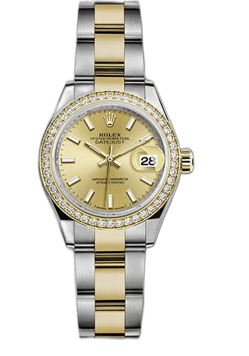 Rolex Lady-Datejust 28 Yellow Rolesor — Diamond Bezel Champagne Index Dial | Ref. 279383RBR