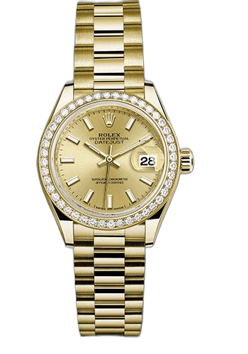 Rolex Lady-Datejust 28 Yellow Gold — Diamond Bezel Champagne Index | Ref. 279138RBR