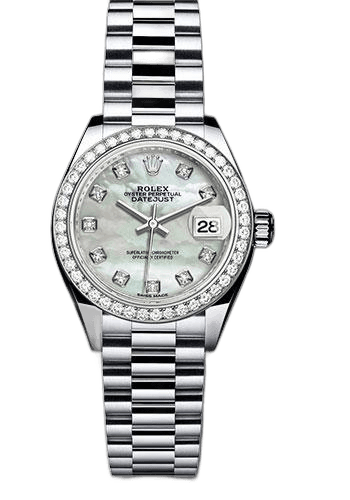 Rolex Lady-Datejust 28 Platinum — MOP Diamond Dial, 44-Diamond Bezel | Ref. 279136RBR