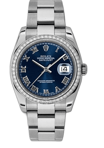 Rolex Datejust 36 White Rolesor — 52-Diamond Bezel Blue Roman Dial | Ref. 116244