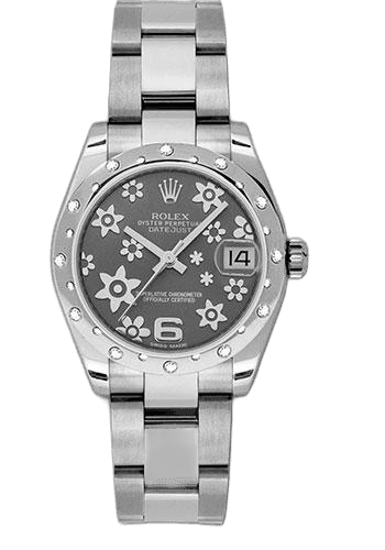 Rolex Datejust White Rolesor — Dark Rhodium Floral-Motif Dial, 24-Diamond Bezel | Ref. 178344