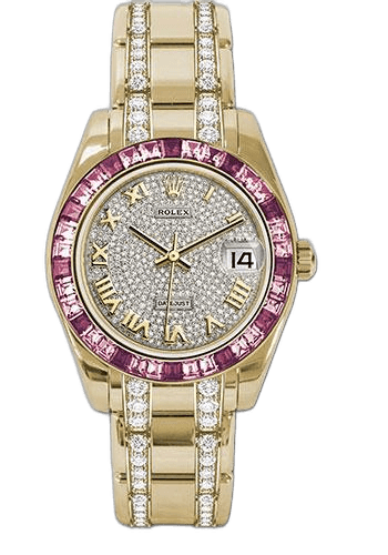 Rolex Datejust Pearlmaster 34 Yellow Gold — Pink Sapphire Baguette Bezel, Diamond-Pavé Dial | Ref. 81348SARO
