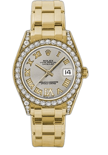 Rolex Datejust 34 Yellow Gold — Silver Roman Dial with 34 Diamond Bezel | Ref. 81158