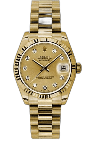 Rolex Datejust 31 Yellow Gold — Champagne Diamond Dial, Fluted Bezel | Ref. 178278